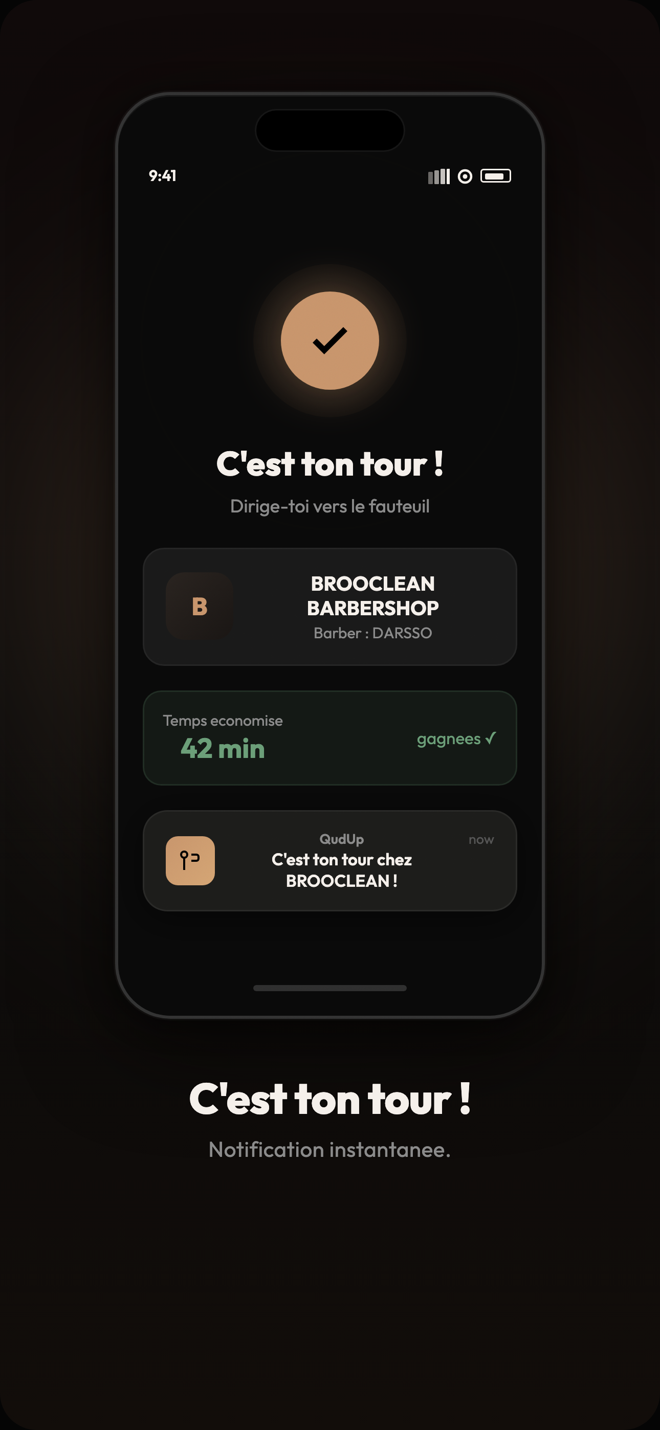 Écran QudUp — notification c'est votre tour